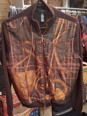 Lauren Ralph Lauren Brown Plaid-Print Zip SWEATER Silk Cashmere